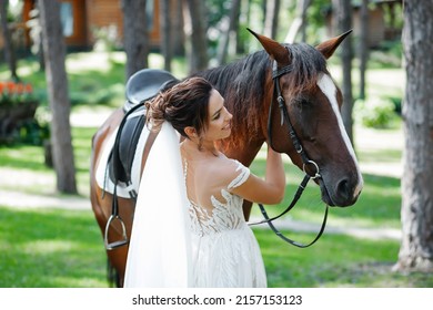A bride in a dress on a walk with a brown horse in the woods. Hot Summer