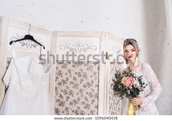 Bride Dressed Peignoir Underwear Stands Near People Stock Image