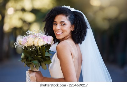 Bride, face and black woman with wedding and rose bouquet, happy in portrait with marriage and commitment outdoor. Event, celebration and happiness with smile in park married and Spring fashion - Powered by Shutterstock