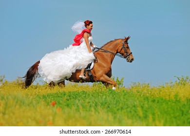 Bride galloping on sorrel horse in field.