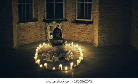 Bride Ghost Story. Dead Young Bride Lies On The Floor In The Creepy Mystery House.