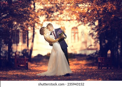 Bride And Groom In Autumn Park Love Life