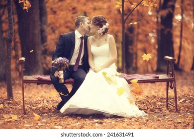 Bride And Groom In Autumn Park Love Life