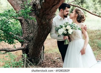 Bride And Groom, Couple In Love During A Wedding Photo Session