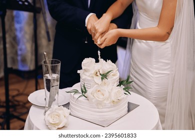 Bride and groom cut a wedding cake with a knife on a table. Cropped. Faceless