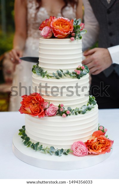 Bride Groom Cut Wedding Cake Decorated Stock Photo Edit Now