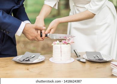 Bride And Groom Cutting Small Wedding Cake, Close Up