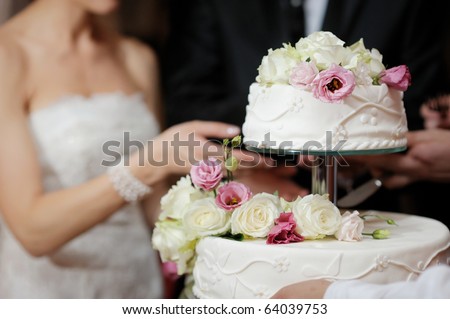 A bride and a groom is cutting their wedding cake