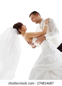 Bride And Groom In Dance, Wedding Couple Dancing, Looking Each Other Face, Over White Background