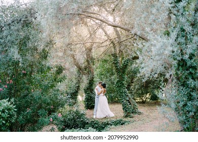 The bride and groom are embracing among the trees entwined with ivy in an olive grove  - Powered by Shutterstock