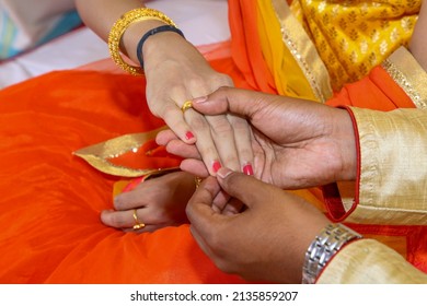 Bride and Groom exchanging rings .Traditional Kerala Hindu Wedding.