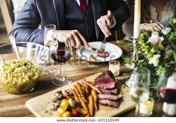 Bride Groom Having Meal Friends Wedding People Stock Image