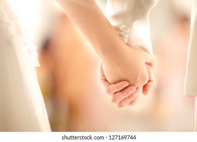 Bride and groom  holding hands in wedding celemony