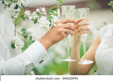 Bride and groom holding wedding champagne glasses - Shutterstock ID 344250995