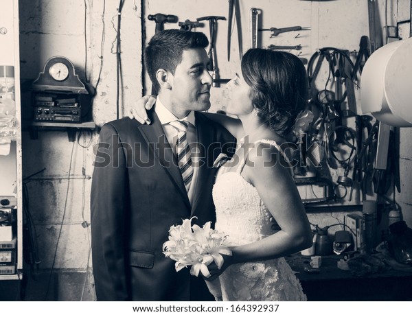 Bride Groom Inside Garage Black White Stock Photo Edit Now 164392937