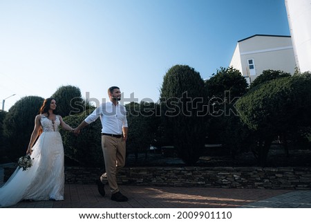 bride and groom. Luxurious young couple of newlyweds in love posing for the first family wedding photo shoot