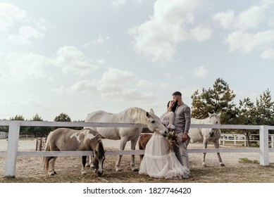 Bride and groom on the background of the paddock for horses