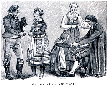 Bride And Groom And Peasant Family In The Swedish National Costumes - An Illustration Of The Encyclopedia Publishers Education, St. Petersburg, Russian Empire, 1896