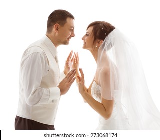 Bride And Groom Portrait, Wedding Couple Looking Each Other, Happy Face Over White Background