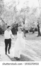 Bride And Groom Running Through The Olive Grove Holding Hands And Laughing, Black And White Photo 