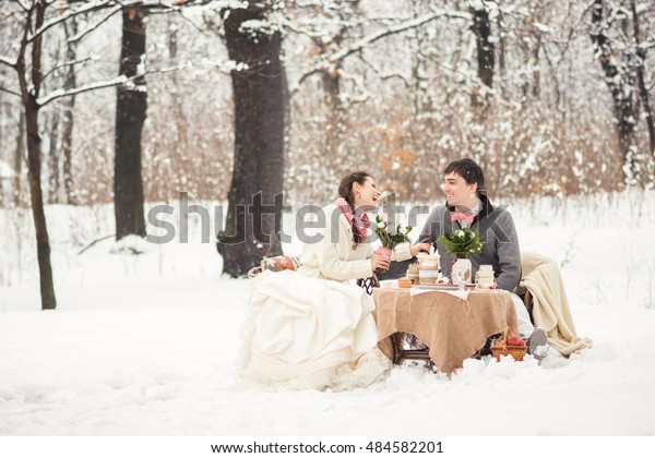 Bride Groom Snowy Forest Rustic Wedding Stock Photo Edit Now