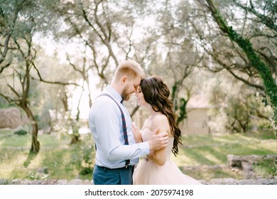 The bride and groom stand hugging among the trees in the olive grove  - Powered by Shutterstock