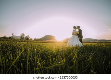 A bride and groom are standing in a field of grass, with the sun shining down on them. The scene is peaceful and romantic, with the couple embracing each other in the warm sunlight - Powered by Shutterstock