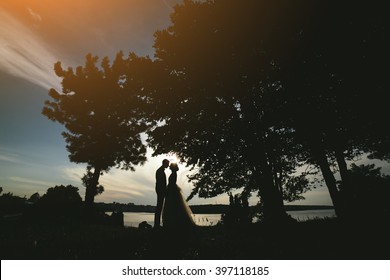 bride groom standing in the park and tenderly looking at each other