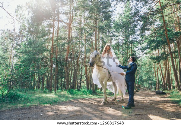 Bride Groom Stroking White Unicorn Stock Photo Edit Now 1260817648