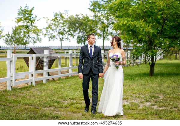 Bride Groom Walking Beautiful Park Near Stock Photo Edit Now