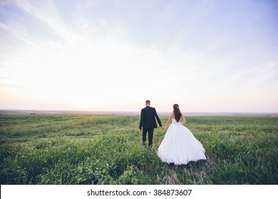 Bride and groom walking and holding hands on a meadow. Wide angle sunset photo.