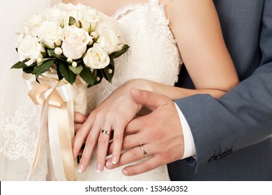 Bride and groom's hands with wedding rings 