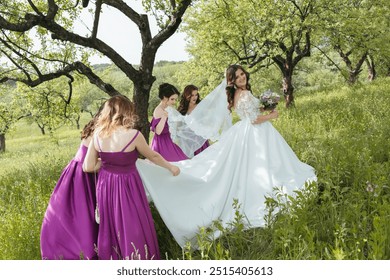 A bride and her bridesmaids are walking through a field of grass. The bride is wearing a white dress and a veil - Powered by Shutterstock