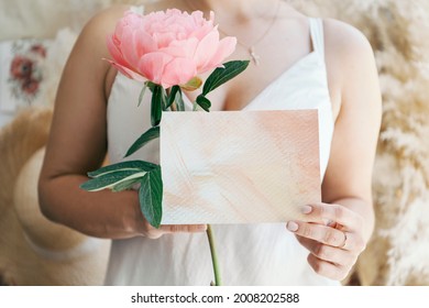 Bride Holding A Blank White Card Mockup