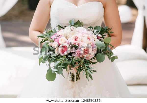 Bride Holding Bouquet Flowers Rustic Style Stock Photo Edit Now