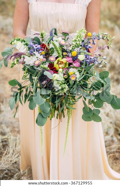 Bride Holding Bouquet Flowers Rustic Style Stock Photo Edit Now