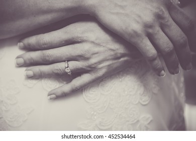 Bride Holding Hands Showing Ring. Nerves Before The Wedding Candid Black And White Vintage Photo.