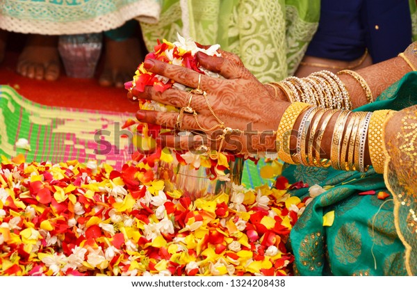 Bride Holding Rose Petals Flowers Throw Stock Photo Edit Now