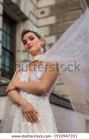 the bride in a ivory dress and veil, background architecture