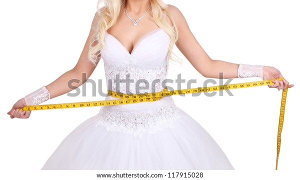 Bride Measuring Her Wedding Dress Isolated Stock Photo Edit Now