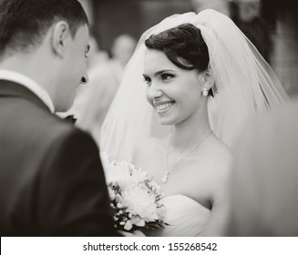 Bride Meets Groom On A Wedding Day, Black And White