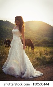 Bride outside in a field with horses under sunlight