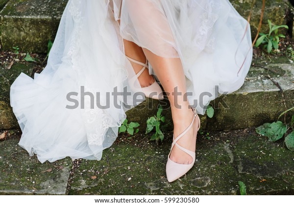 Bride Sits White Wedding Dress Pink 