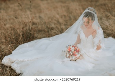 A bride is sitting in a field with a bouquet of flowers in her lap. She is wearing a veil and a white dress - Powered by Shutterstock