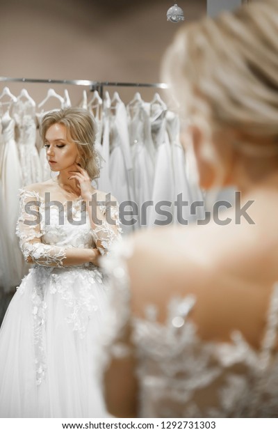 Bride Standing Front Mirror Fitting Dress Stock Photo Edit Now