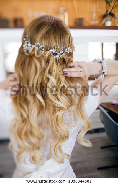 Bride Touching Her Blond Long Wavy Stock Photo Edit Now 1088844581