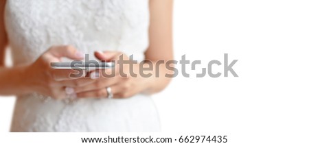 Bride using smartphone isolated on white background. Free space for text input, iconc, etc