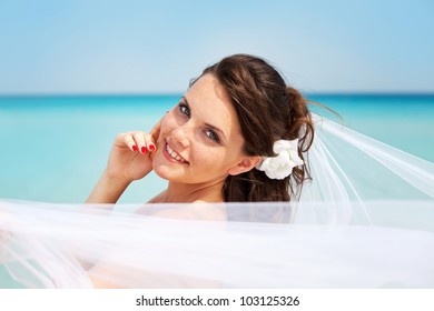the bride with a veil on the beach in the sky and blue sea. honeymoon on the fantastic island