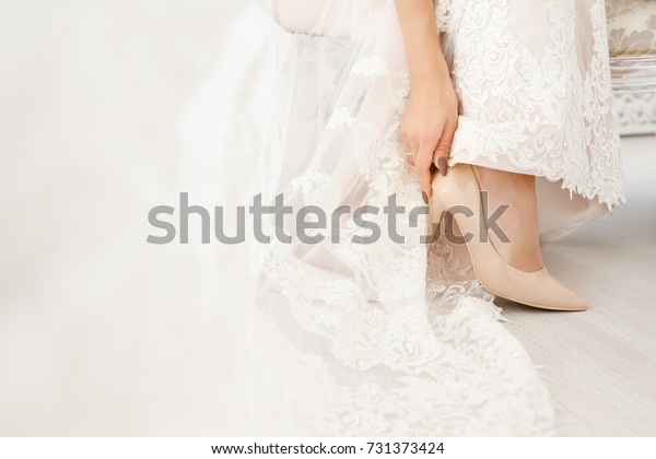 Bride Wearing Wedding Shoes Dress Royalty Free Stock Image
