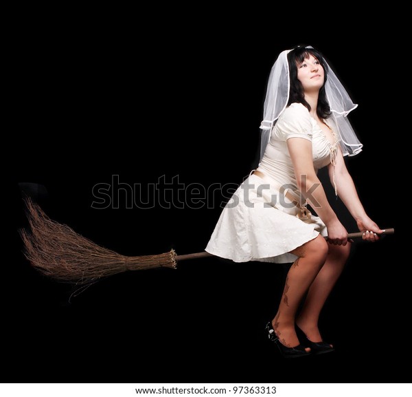 Bride White Wedding Dress On Broom Stock Photo Edit Now 97363313